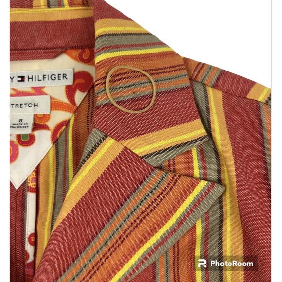Tommy Hilfiger Blazer Y2K Womens 8 Orange Multicolored Striped Cotton Hip Jacket - Picture 8 of 8